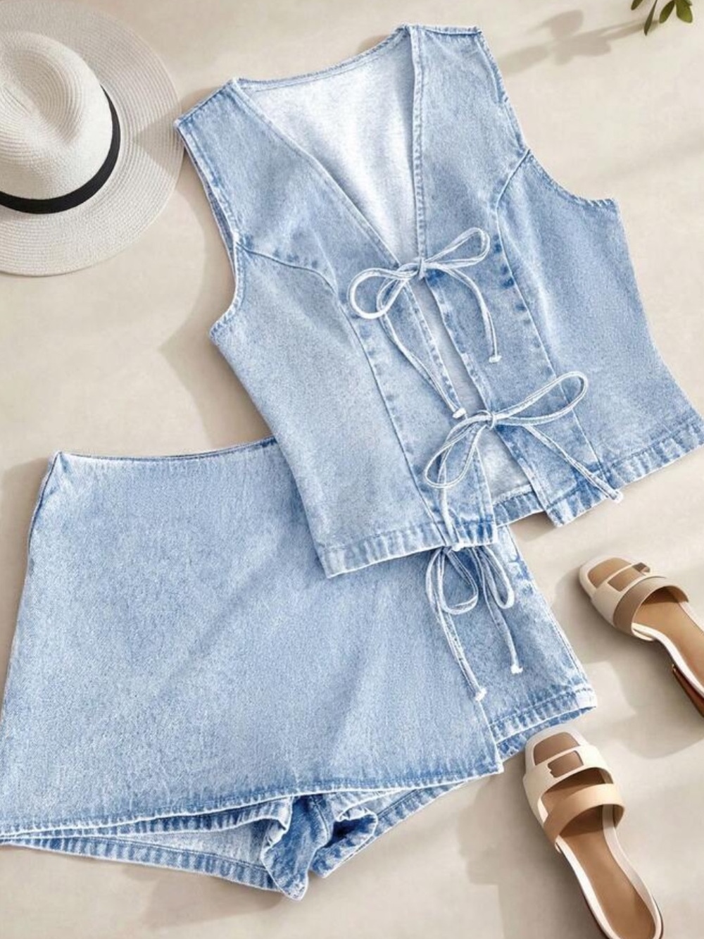 Light Blue Denim Front-Tie Top
